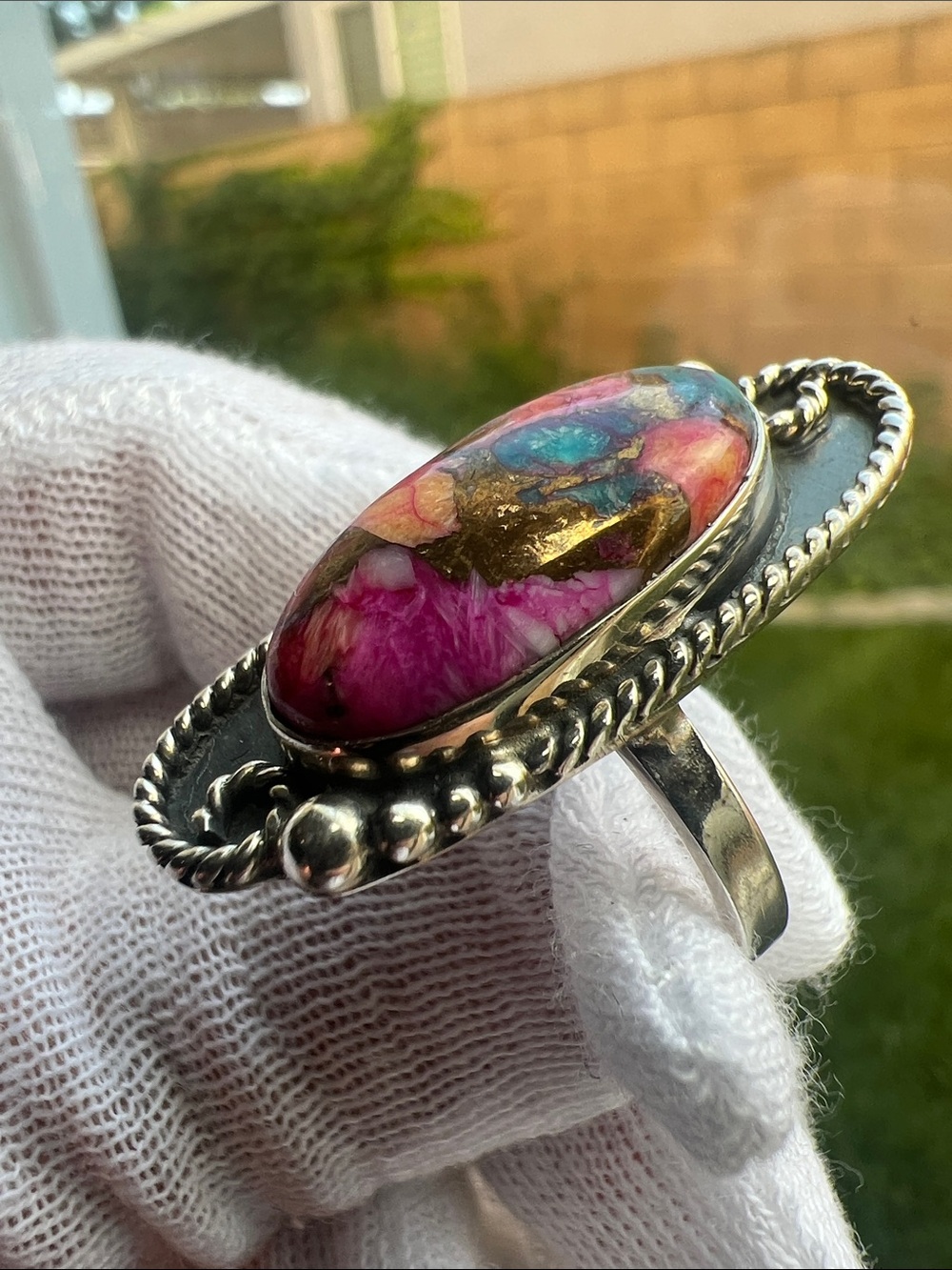 Handcrafted Multi-Color Oyster Copper Mojave Turquoise Ring in Sterling Silver